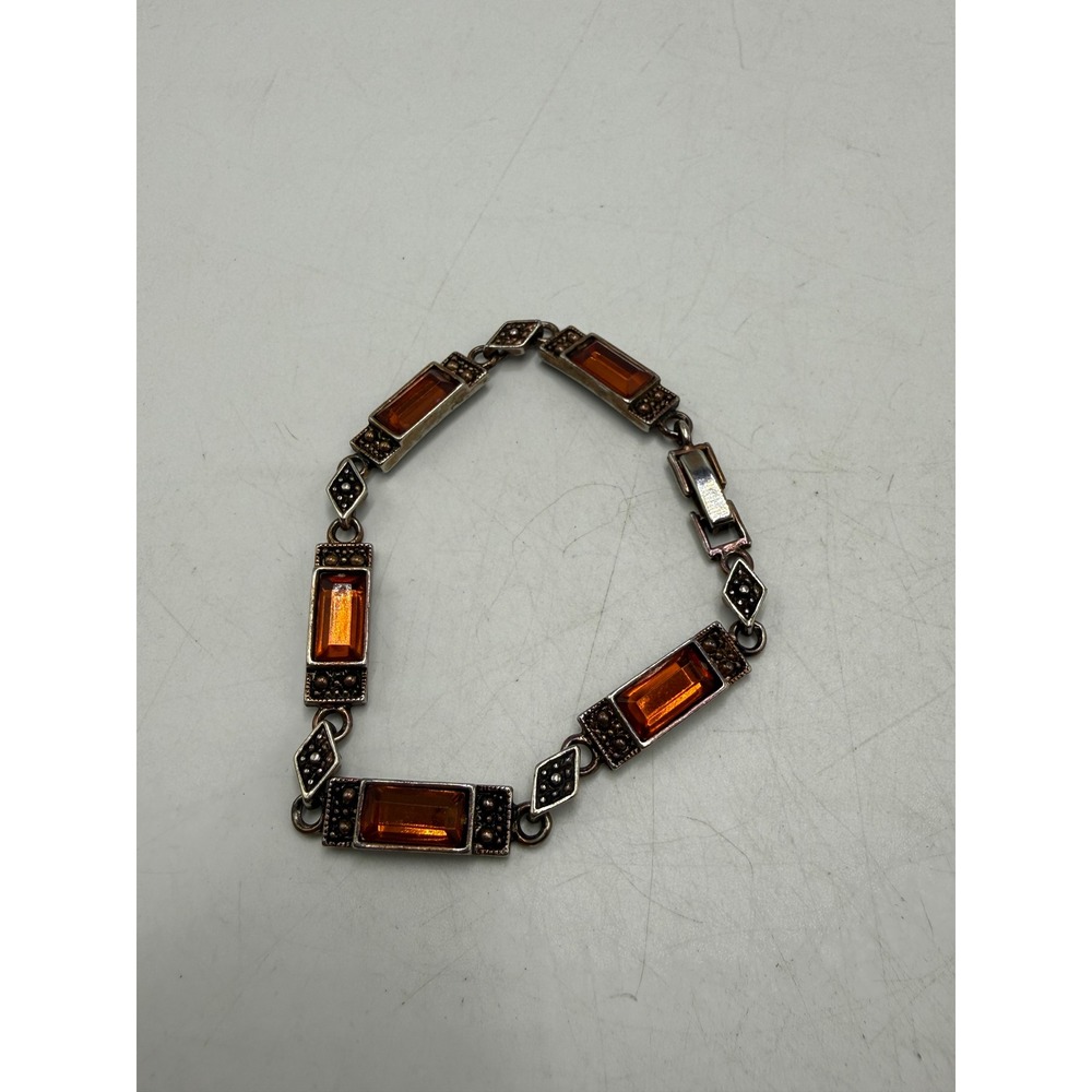 Vintage Art Deco Style Amber Glass Marcasite Link Bracelet Silver Tone 7.5 Inch